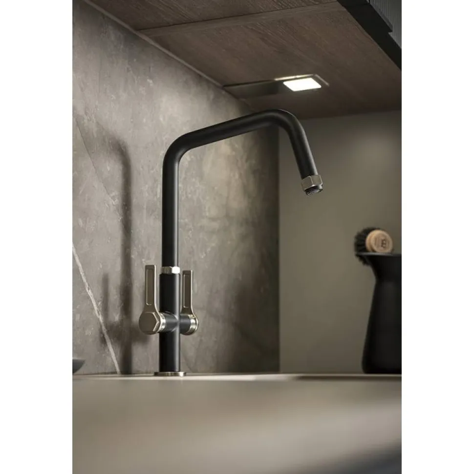 Abode Hex Industrial Twin Lever Mono Kitchen Mixer Tap - Matt Black
