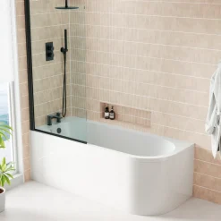 Armourcast Reinforced J Shaped Shower Bath with Panel & Matt Black Shower Screen - 1700mm