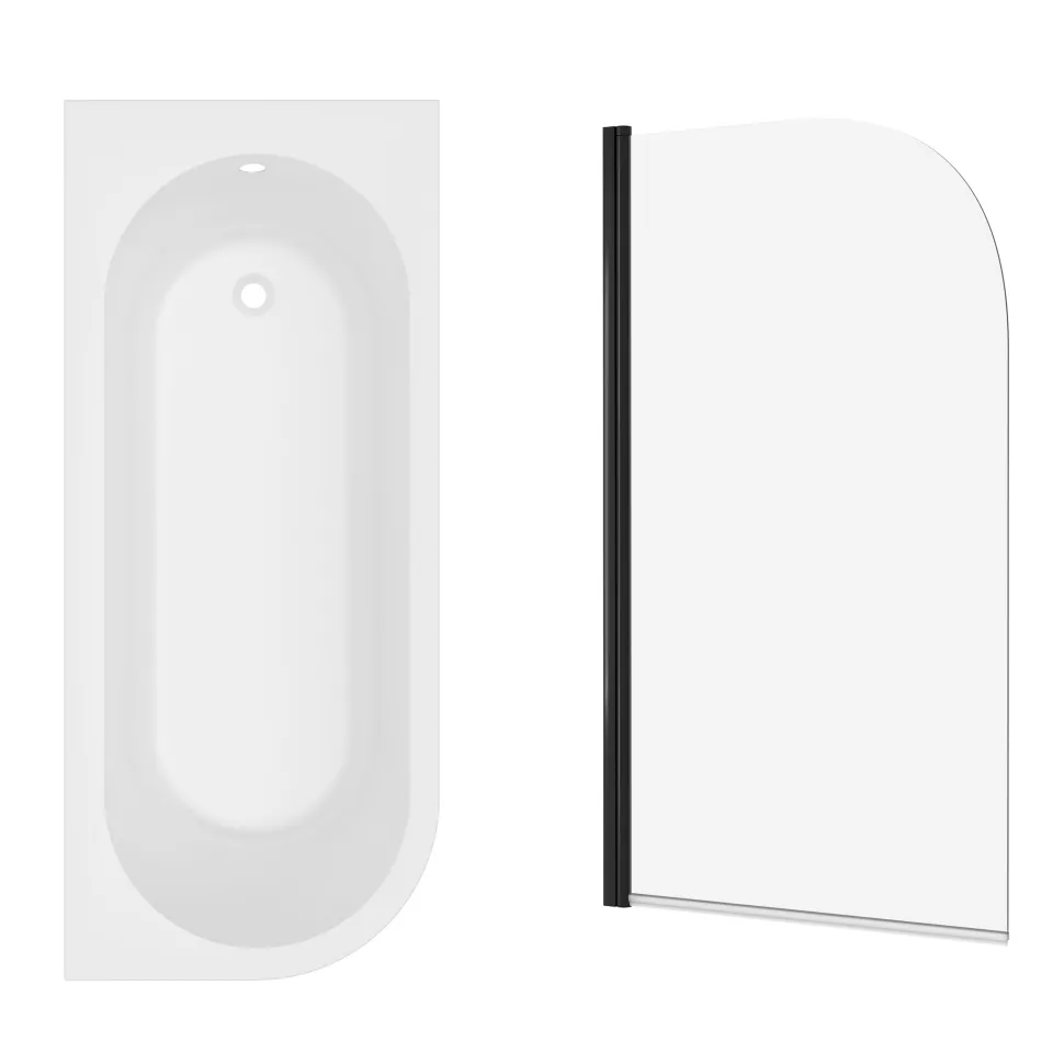 Armourcast Reinforced J Shaped Shower Bath with Panel & Matt Black Shower Screen - 1700mm