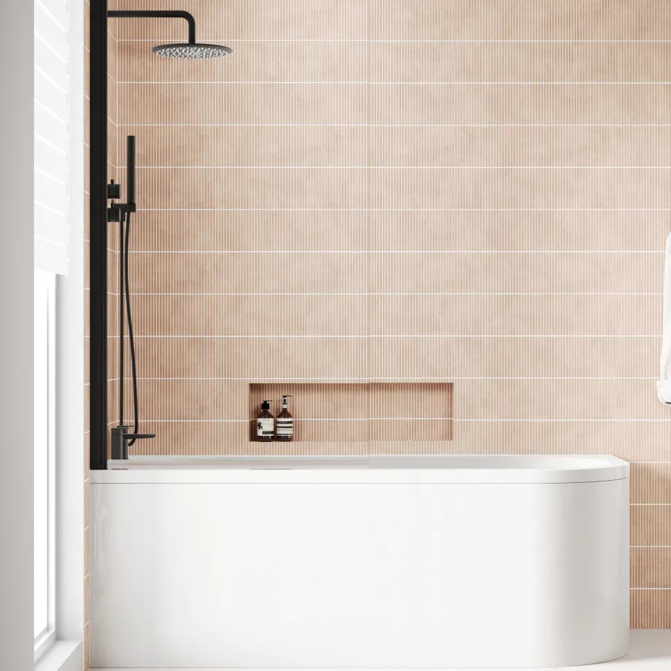 Armourcast Reinforced J Shaped Shower Bath with Panel & Matt Black Shower Screen - 1700mm