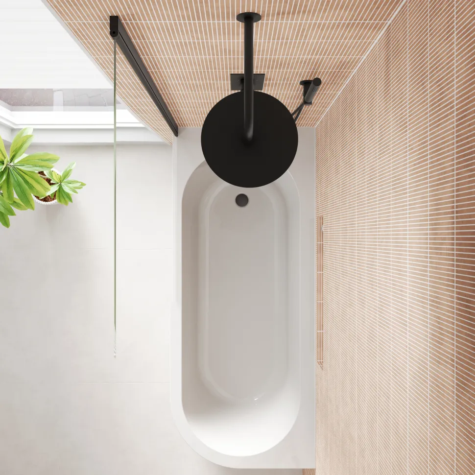 Armourcast Reinforced J Shaped Shower Bath with Panel & Matt Black Shower Screen - 1700mm