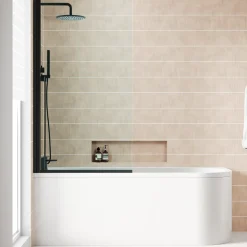 Armourcast Reinforced J Shaped Shower Bath with Panel & Matt Black Shower Screen - 1700mm