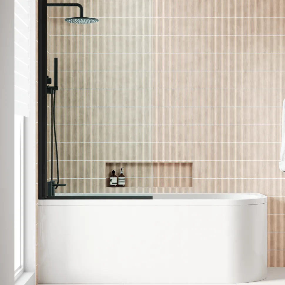 Armourcast Reinforced J Shaped Shower Bath with Panel & Matt Black Shower Screen - 1700mm