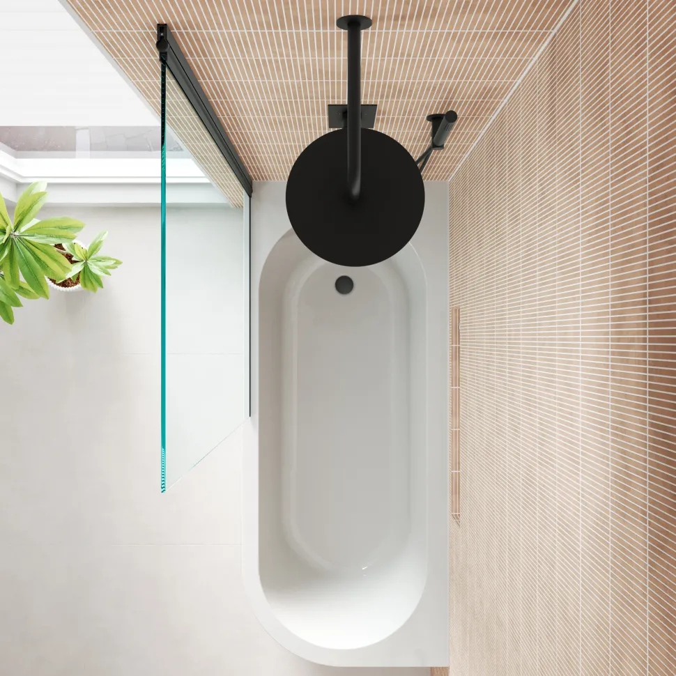 Armourcast Reinforced J Shaped Shower Bath with Panel & Matt Black Shower Screen - 1700mm