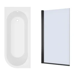 Armourcast Reinforced J Shaped Shower Bath with Panel & Matt Black Shower Screen - 1700mm