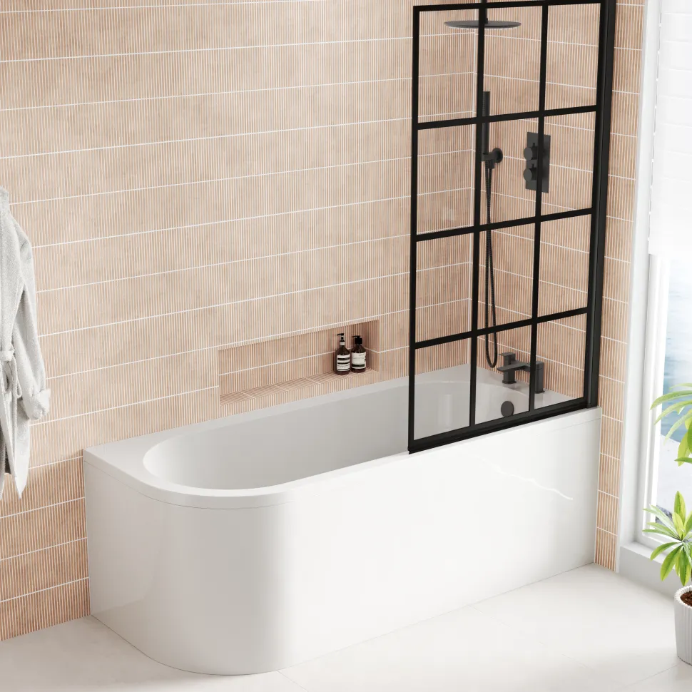 Armourcast Reinforced J Shaped Shower Bath with Panel & Matt Black Shower Screen - 1700mm