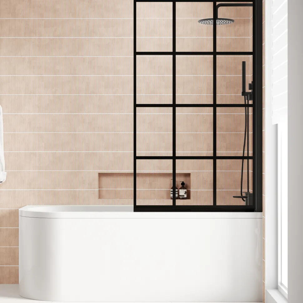 Armourcast Reinforced J Shaped Shower Bath with Panel & Matt Black Shower Screen - 1700mm