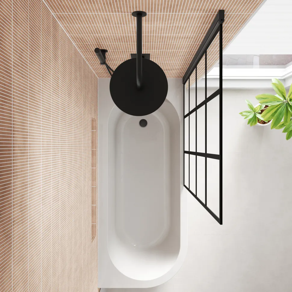 Armourcast Reinforced J Shaped Shower Bath with Panel & Matt Black Shower Screen - 1700mm