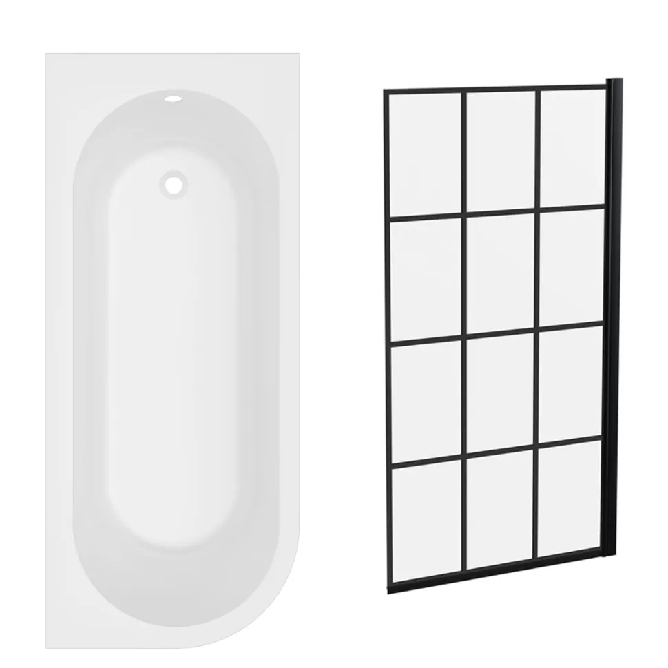Armourcast Reinforced J Shaped Shower Bath with Panel & Matt Black Shower Screen - 1700mm