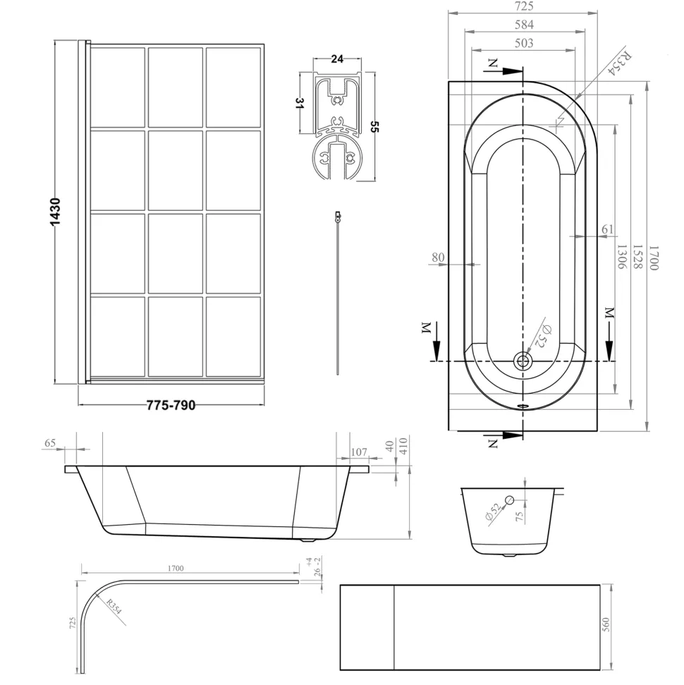 Armourcast Reinforced J Shaped Shower Bath with Panel & Matt Black Shower Screen - 1700mm