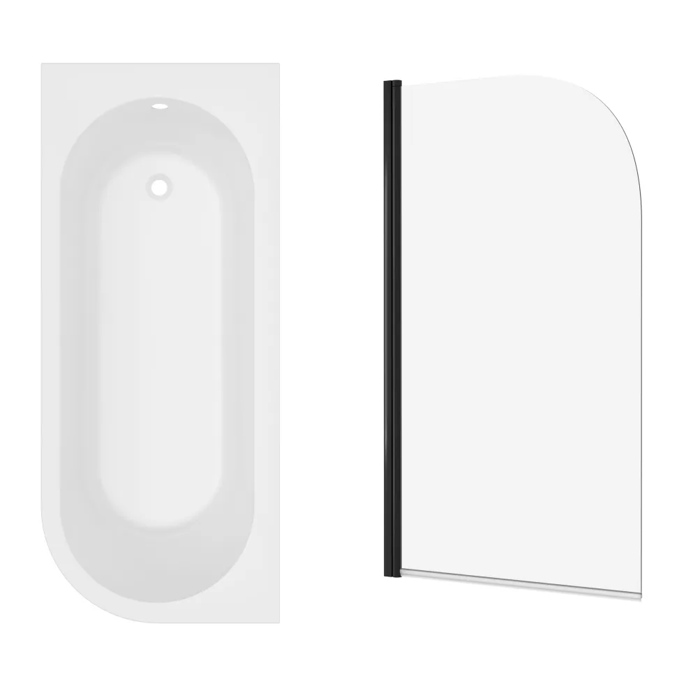 Armourcast Reinforced J Shaped Shower Bath with Panel & Matt Black Shower Screen - 1700mm