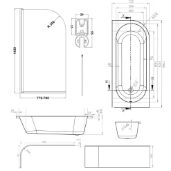 Armourcast Reinforced J Shaped Shower Bath with Panel & Matt Black Shower Screen - 1700mm