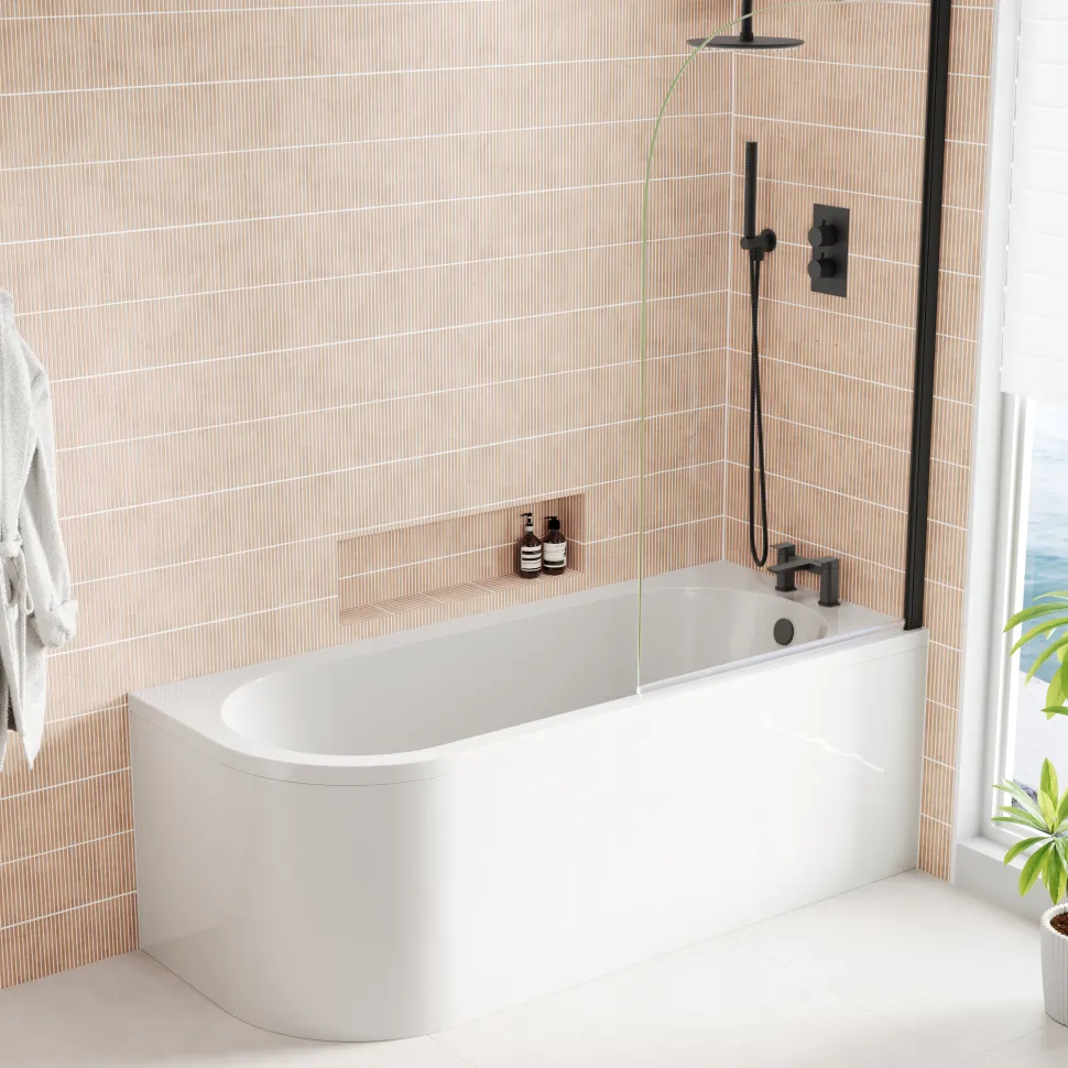 Armourcast Reinforced J Shaped Shower Bath with Panel & Matt Black Shower Screen - 1700mm