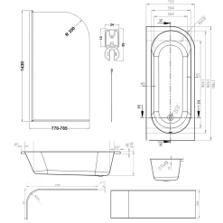 Armourcast Reinforced J Shaped Shower Bath with Panel & Brushed Brass Shower Screen - 1700mm