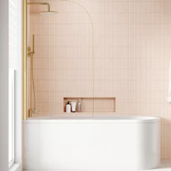 Armourcast Reinforced J Shaped Shower Bath with Panel & Brushed Brass Shower Screen - 1700mm