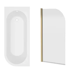 Armourcast Reinforced J Shaped Shower Bath with Panel & Brushed Brass Shower Screen - 1700mm