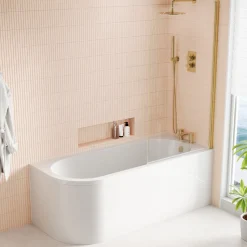Armourcast Reinforced J Shaped Shower Bath with Panel & Brushed Brass Shower Screen - 1700mm