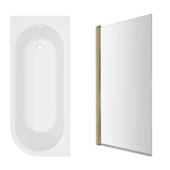 Armourcast Reinforced J Shaped Shower Bath with Panel & Brushed Brass Shower Screen - 1700mm