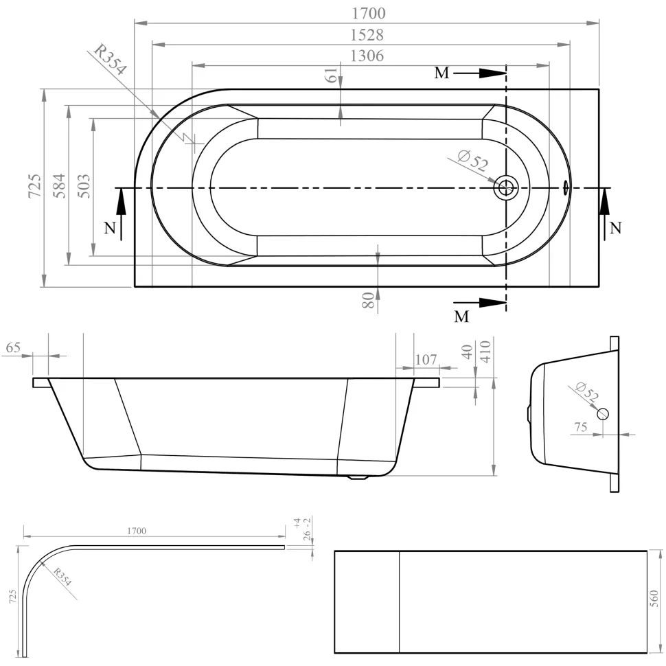 Armourcast Reinforced J-Shaped Single Ended Corner Bath & Panel - 1700mm