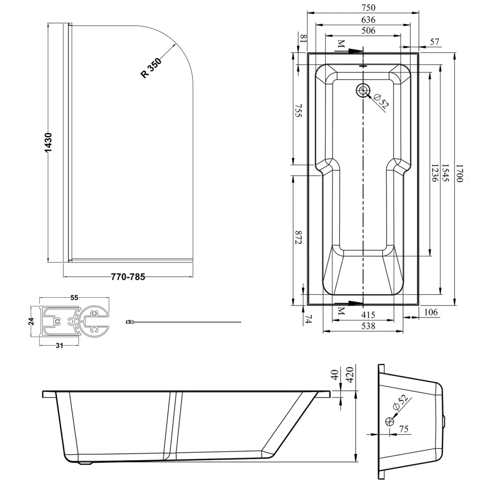 Armourcast Reinforced Keyhole Shower Bath with Shower Screen - 1700mm
