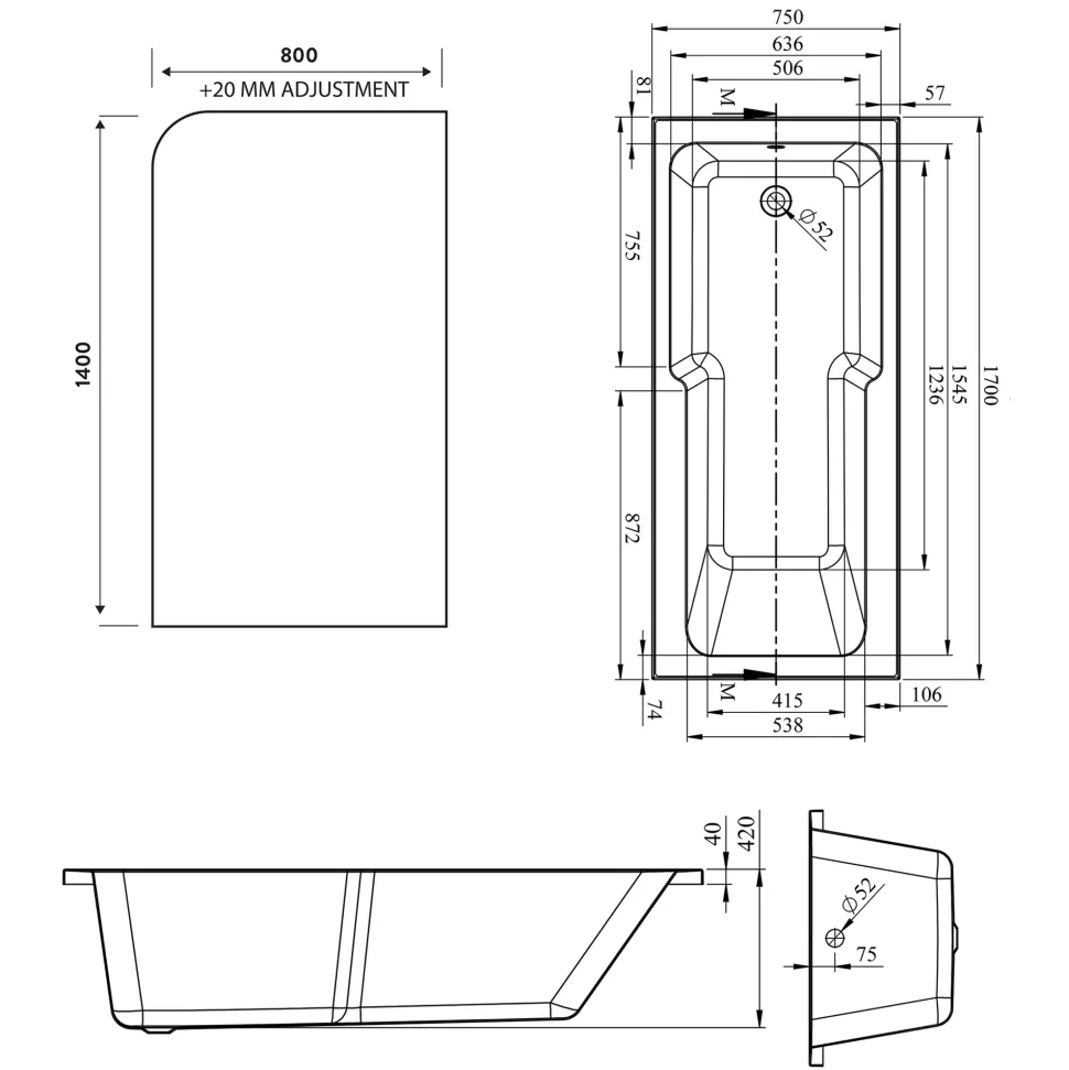 Armourcast Reinforced Keyhole Shower Bath with Shower Screen - 1700mm