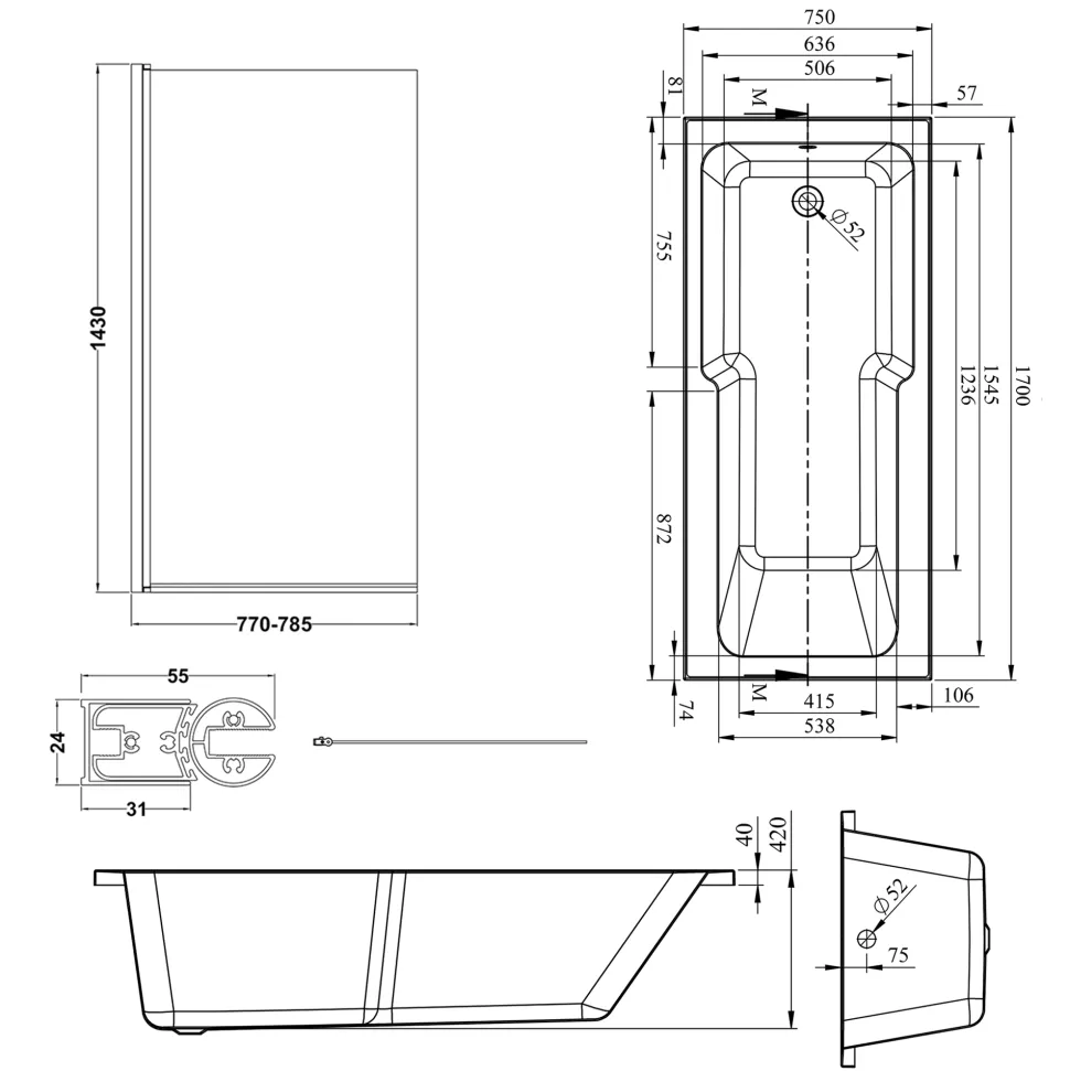 Armourcast Reinforced Keyhole Shower Bath with Shower Screen - 1700mm