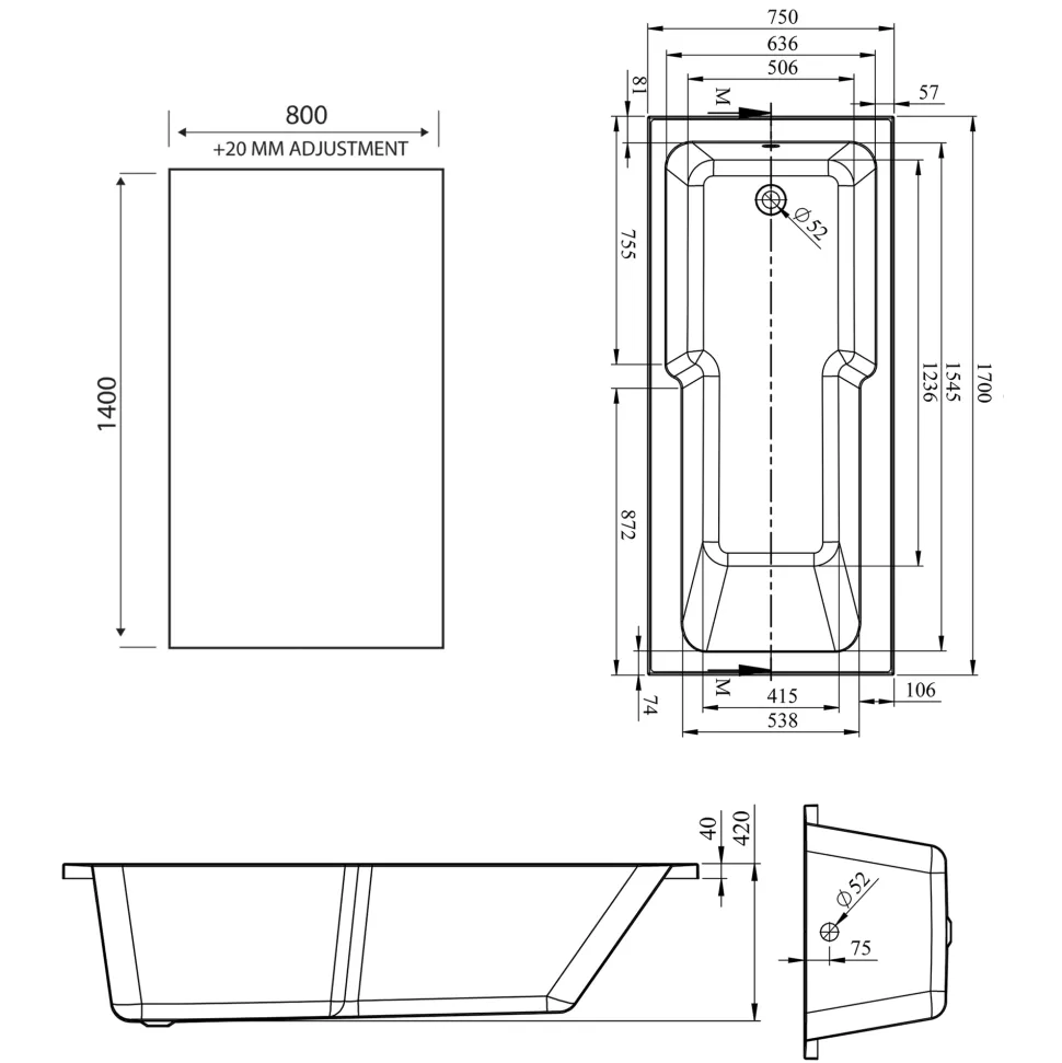 Armourcast Reinforced Keyhole Shower Bath with Shower Screen - 1700mm
