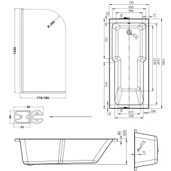Armourcast Reinforced Keyhole Shower Bath with Shower Screen - 1700mm
