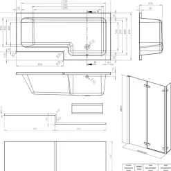 Armourcast Reinforced L Shape Single Ended Bath with Panel & Shower Screen - 1700 x 700