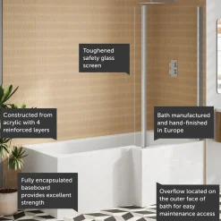 Armourcast Reinforced L Shape Single Ended Bath with Panel & Shower Screen - 1700 x 700