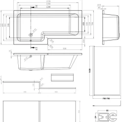Armourcast Reinforced L Shape Single Ended Bath with Panel & Shower Screen - 1700 x 700