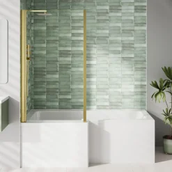 Armourcast Reinforced L Shaped Single Ended Bath with Brushed Brass Shower Screen & Panel - 1700 x 700
