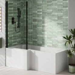 Armourcast Reinforced L Shaped Single Ended Bath with Matt Black Shower Screen & Panel - 1700 x 700
