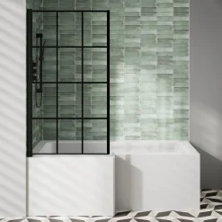 Armourcast Reinforced L Shaped Single Ended Bath with Matt Black Shower Screen & Panel - 1700 x 700