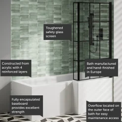 Armourcast Reinforced L Shaped Single Ended Bath with Matt Black Shower Screen & Panel - 1700 x 700