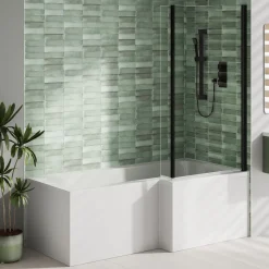 Armourcast Reinforced L Shaped Single Ended Bath with Matt Black Shower Screen & Panel - 1700 x 700