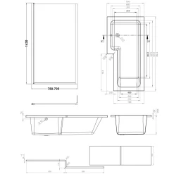 Armourcast Reinforced L Shaped Single Ended Bath with Matt Black Shower Screen & Panel - 1700 x 700