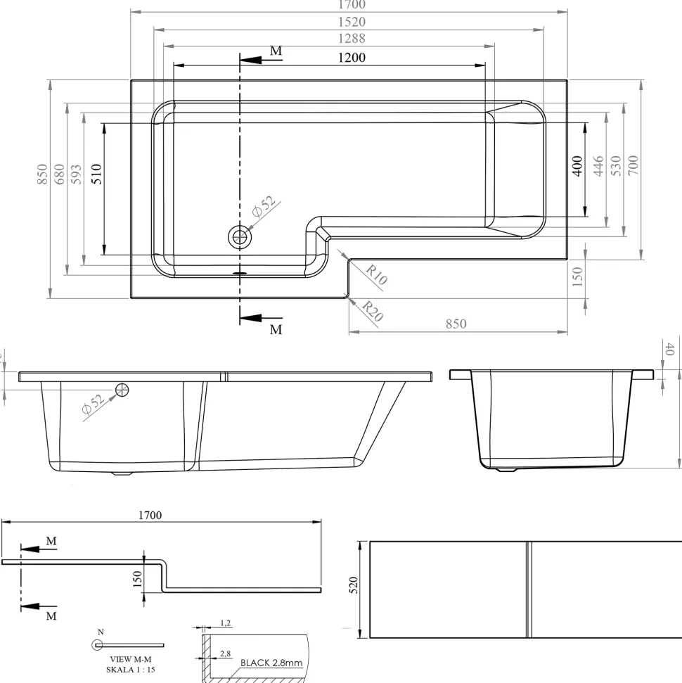 Armourcast Reinforced L-Shaped Shower Bath & Panel - 1700mm