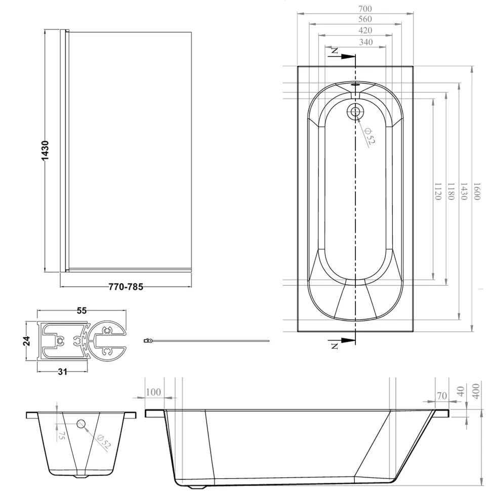 Armourcast Reinforced Single Ended Shower Bath & Matt Black Shower Screen