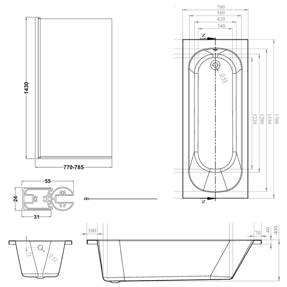 Armourcast Reinforced Single Ended Shower Bath & Matt Black Shower Screen