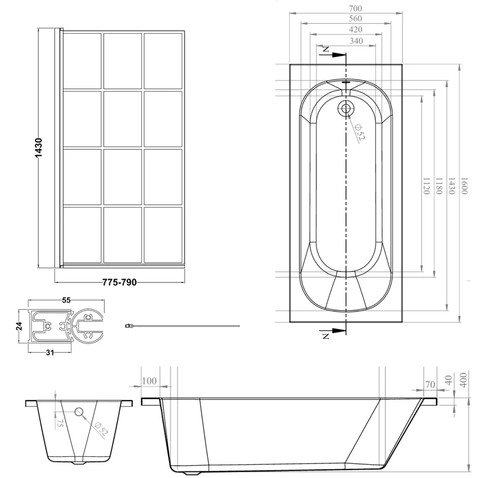 Armourcast Reinforced Single Ended Shower Bath & Matt Black Shower Screen
