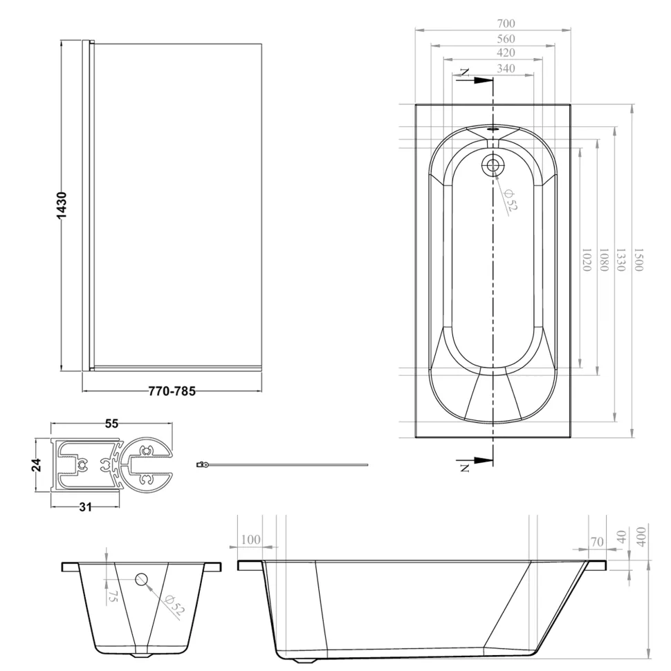 Armourcast Reinforced Single Ended Shower Bath & Matt Black Shower Screen