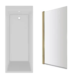 Armourcast Reinforced Slim Edge Square Single Ended Bath & Brushed Brass Shower Screen - 1700mm