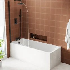 Armourcast Reinforced Slim Edge Single Ended Bath & Matt Black Shower Screen - 1700mm
