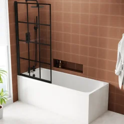 Armourcast Reinforced Slim Edge Single Ended Bath & Matt Black Shower Screen - 1700mm
