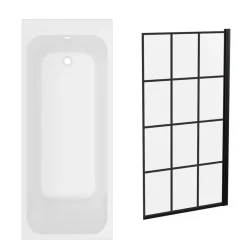 Armourcast Reinforced Slim Edge Single Ended Bath & Matt Black Shower Screen - 1700mm