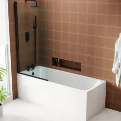Armourcast Reinforced Slim Edge Single Ended Bath & Matt Black Shower Screen - 1700mm
