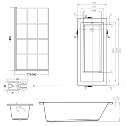 Armourcast Reinforced Straight Square Single Ended Bath & Matt Black Shower Screen