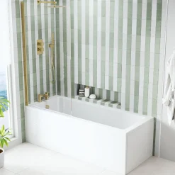 Armourcast Reinforced Straight Square Single Ended Bath & Brushed Brass Shower Screen