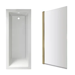Armourcast Reinforced Straight Square Single Ended Bath & Brushed Brass Shower Screen